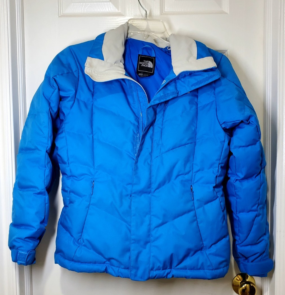 The North Face Goose Down Puffer Jacket Womens Medium Blue Hooded Winter Coat
